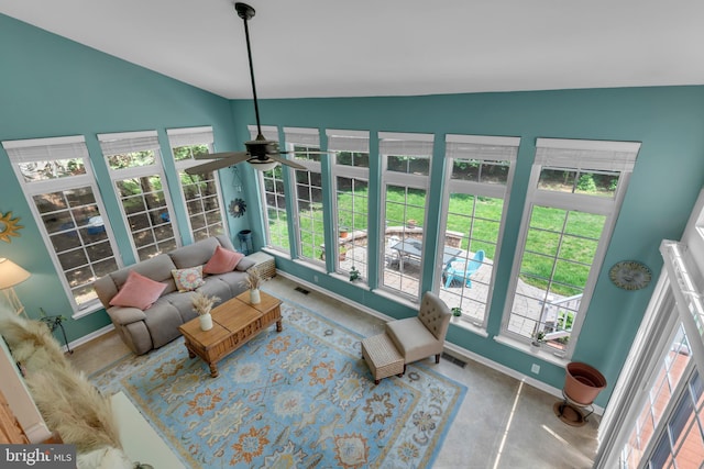 8139 Showcase Ct, Pasadena, MD 21122 - living area with vaulted ceiling, baseboards, and a ceiling fan