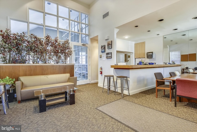 1712 W Abingdon Dr Unit 102, Alexandria, VA 22314 - living area featuring carpet, a high ceiling, and baseboards