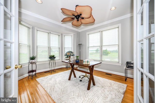 301 Nottingham Ln, Queenstown, MD 21658 - home office with crown molding, light wood finished floors, and recessed lighting