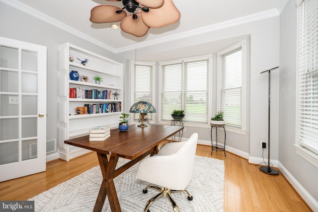 301 Nottingham Ln, Queenstown, MD 21658 - office with crown molding, plenty of natural light, light wood finished floors, and ceiling fan