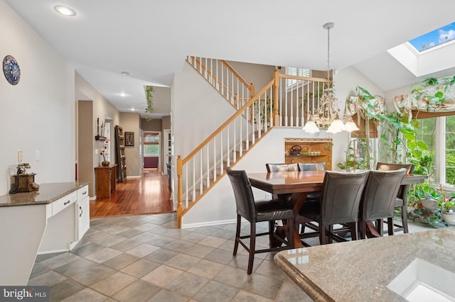 56 Saxon Way, Skillman, NJ 08558 - dining room featuring a skylight, stairway, plenty of natural light, baseboards, and recessed lighting
