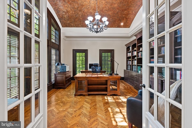 601 Utterback Store Rd, Great Falls, VA 22066 - office space featuring french doors, a chandelier, and crown molding