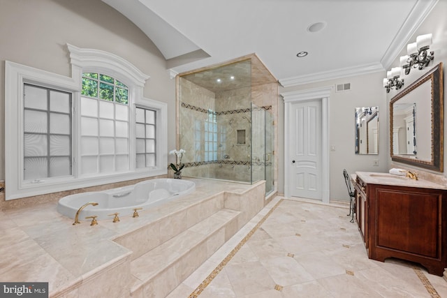 601 Utterback Store Rd, Great Falls, VA 22066 - full bath with a garden tub, a shower stall, vanity, baseboards, and crown molding