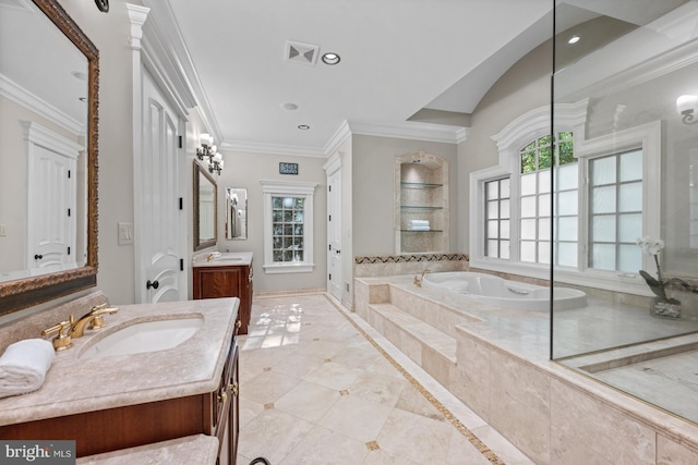 601 Utterback Store Rd, Great Falls, VA 22066 - full bath with a bath, a shower stall, crown molding, recessed lighting, and tile patterned floors