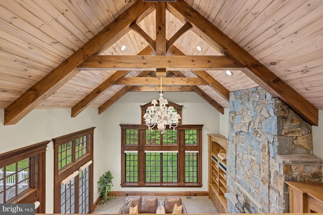 601 Utterback Store Rd, Great Falls, VA 22066 - detailed view of wooden ceiling, beamed ceiling, a chandelier, and baseboards