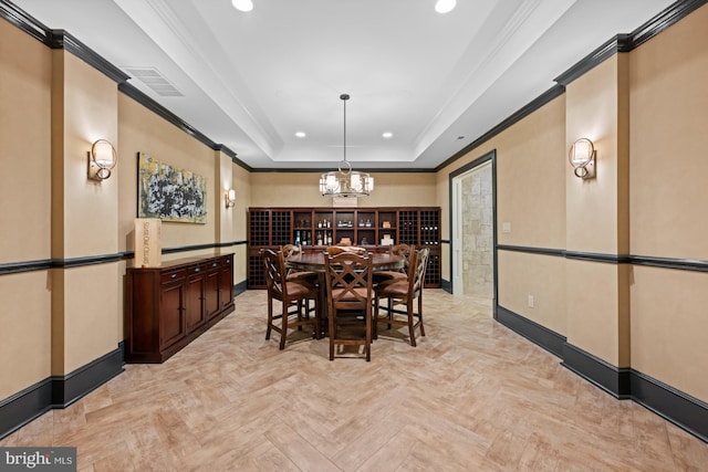 601 Utterback Store Rd, Great Falls, VA 22066 - dining area featuring a chandelier, ornamental molding, a raised ceiling, recessed lighting, and baseboards