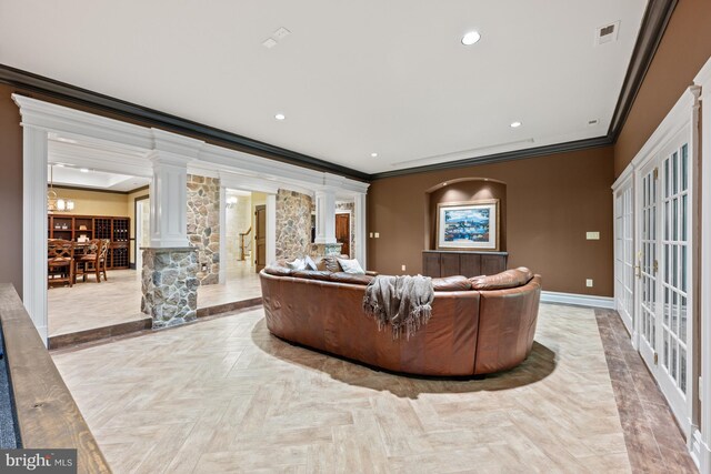 601 Utterback Store Rd, Great Falls, VA 22066 - living area with ornate columns, ornamental molding, baseboards, a chandelier, and recessed lighting