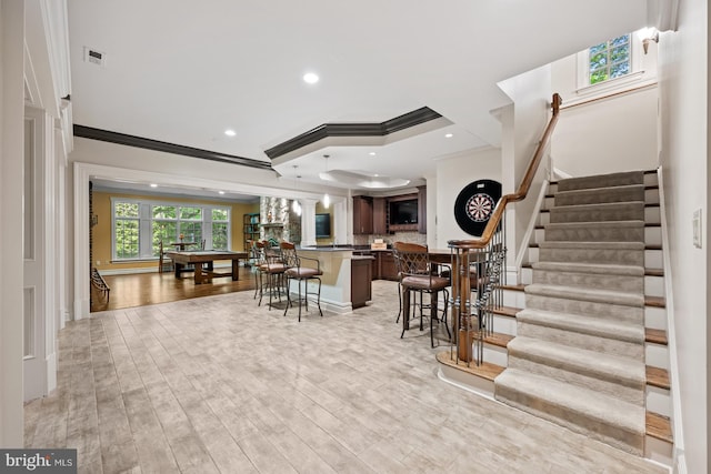 601 Utterback Store Rd, Great Falls, VA 22066 - dining area with crown molding, recessed lighting, stairs, light wood-style flooring, and baseboards