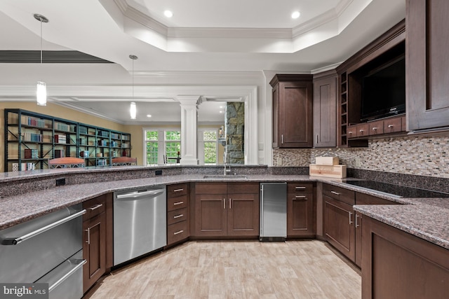 601 Utterback Store Rd, Great Falls, VA 22066 - kitchen with stainless steel dishwasher, a sink, decorative columns, black electric stovetop, and dark brown cabinetry
