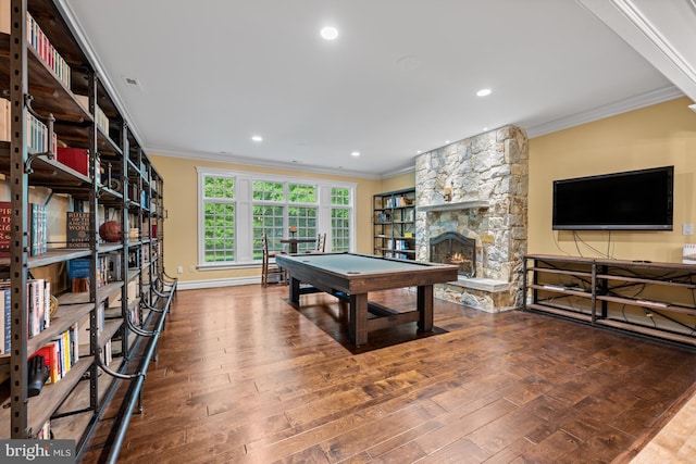 601 Utterback Store Rd, Great Falls, VA 22066 - game room featuring crown molding, wood-type flooring, billiards, a stone fireplace, and recessed lighting