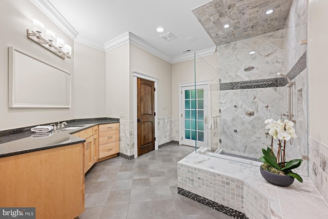 601 Utterback Store Rd, Great Falls, VA 22066 - bathroom featuring ornamental molding, a tile shower, vanity, tile walls, and recessed lighting