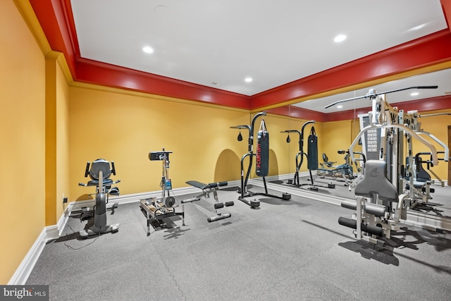 601 Utterback Store Rd, Great Falls, VA 22066 - workout room with baseboards, recessed lighting, and ornamental molding