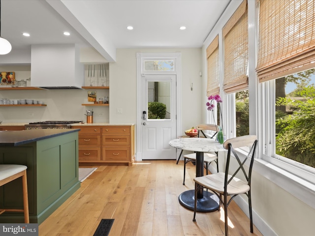 19 E Del Ray Ave E, Alexandria, VA 22301 - kitchen featuring open shelves, custom exhaust hood, green cabinetry, light wood-style flooring, and dark countertops
