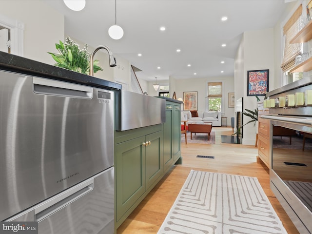 19 E Del Ray Ave E, Alexandria, VA 22301 - kitchen featuring green cabinetry, dishwashing machine, light wood finished floors, recessed lighting, and stainless steel range