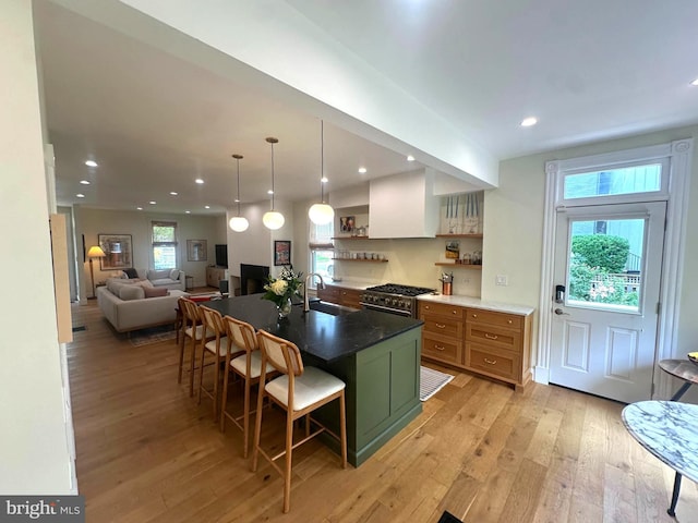 19 E Del Ray Ave E, Alexandria, VA 22301 - kitchen featuring open shelves, high end range, a sink, light wood-type flooring, and plenty of natural light