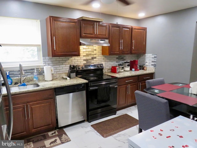 494 Kenilworth Ct, Glen Burnie, MD 21061 - kitchen featuring stainless steel dishwasher, range with electric cooktop, under cabinet range hood, a sink, and backsplash