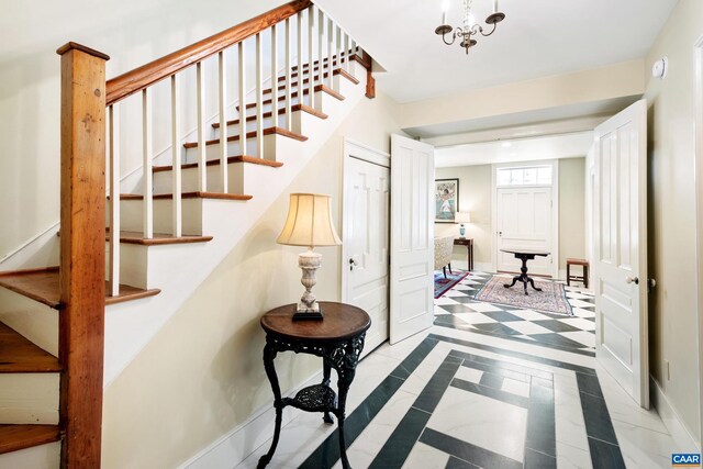 3276 Buckingham Springs Rd, Dillwyn, VA 23936 - hall with stairway, baseboards, a chandelier, and inlaid floor details