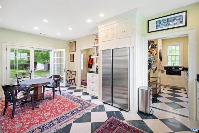 3276 Buckingham Springs Rd, Dillwyn, VA 23936 - kitchen with freestanding refrigerator, a sink, white cabinetry, recessed lighting, and open shelves