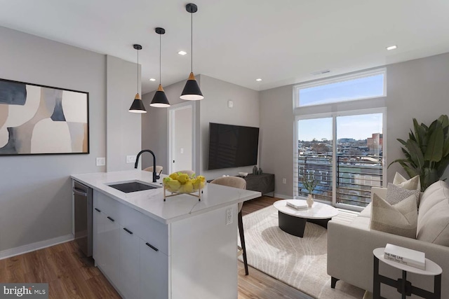 kitchen featuring a sink, open floor plan, light countertops, wood finished floors, and pendant lighting