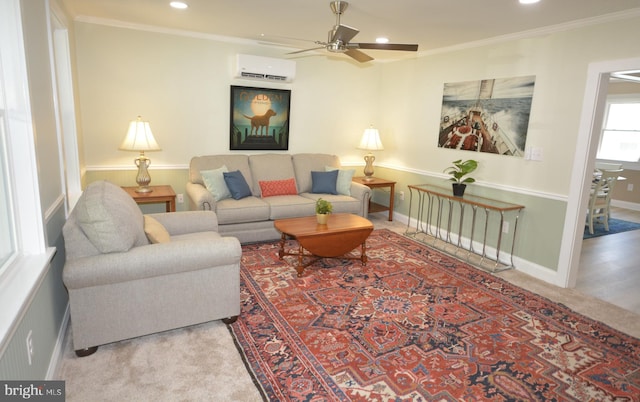 204 W Chew Ave, Saint Michaels, MD 21663 - carpeted living room with a wall mounted air conditioner, ceiling fan, crown molding, recessed lighting, and baseboards