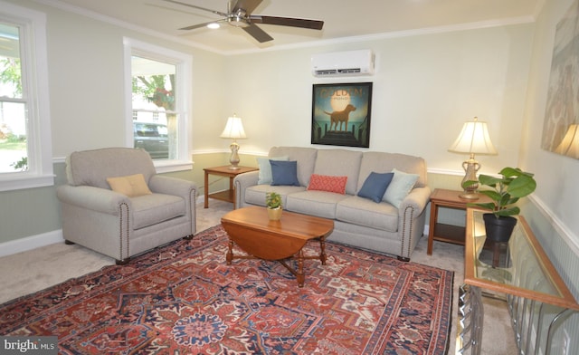 204 W Chew Ave, Saint Michaels, MD 21663 - living room featuring a wall mounted air conditioner, a ceiling fan, crown molding, carpet, and baseboards