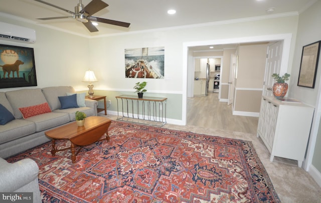 204 W Chew Ave, Saint Michaels, MD 21663 - living area featuring a wall mounted air conditioner, ceiling fan, ornamental molding, recessed lighting, and baseboards