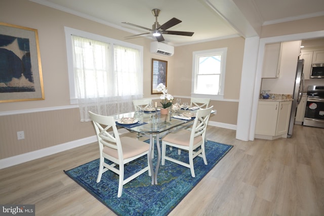 204 W Chew Ave, Saint Michaels, MD 21663 - dining space with a wainscoted wall, light wood-type flooring, a ceiling fan, a wall mounted air conditioner, and ornamental molding