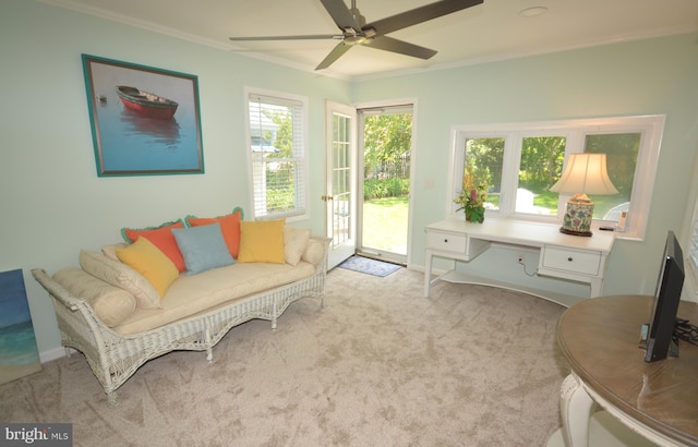 204 W Chew Ave, Saint Michaels, MD 21663 - living area with ceiling fan, ornamental molding, light colored carpet, and a desk