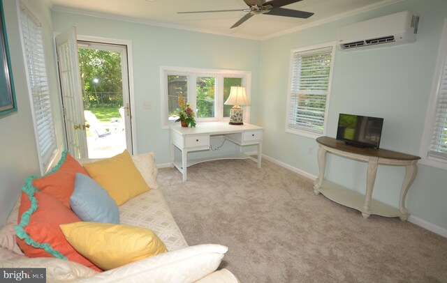 204 W Chew Ave, Saint Michaels, MD 21663 - living area with a wall mounted AC, a ceiling fan, ornamental molding, healthy amount of natural light, and carpet floors