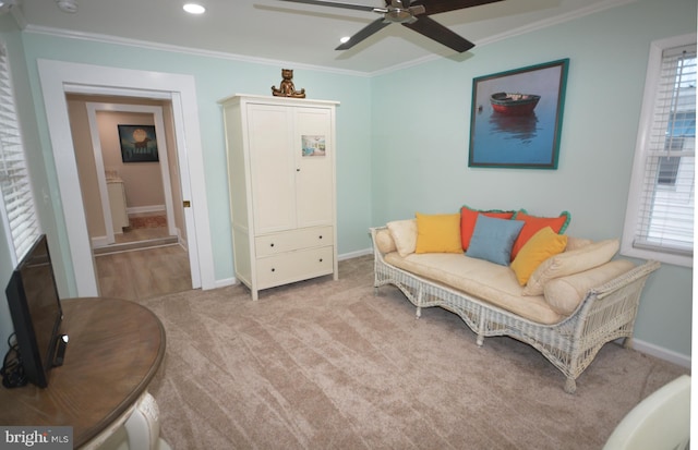 204 W Chew Ave, Saint Michaels, MD 21663 - sitting room with crown molding, light carpet, baseboards, ceiling fan, and recessed lighting