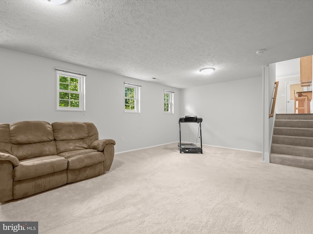 25109 Hickory Ridge Ln, Gaithersburg, MD 20882 - carpeted living room with stairs, healthy amount of natural light, and a textured ceiling
