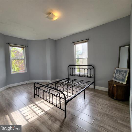 bedroom featuring multiple windows, wood finished floors, and baseboards