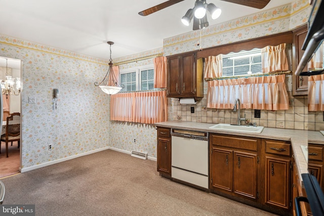 21 Princeton Ave, Gloucester City, NJ 08030 - kitchen featuring dishwasher, a sink, light countertops, light carpet, and wallpapered walls