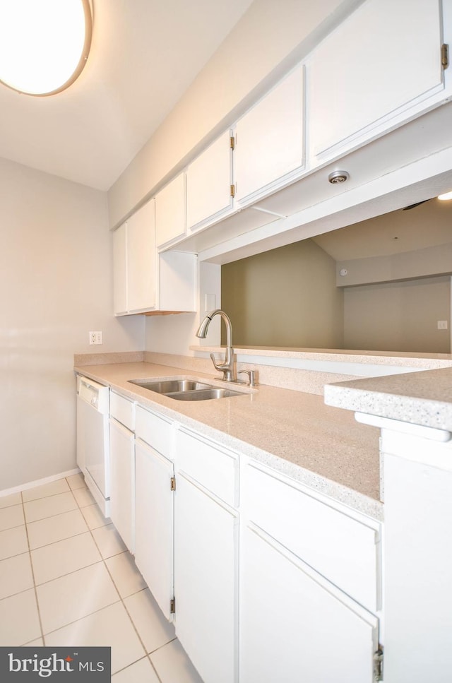 3313 Wyndham Cir Unit 4209, Alexandria, VA 22302 - kitchen featuring a sink, white dishwasher, light tile patterned floors, baseboards, and white cabinets
