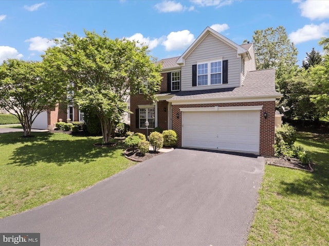 view of front facade featuring asphalt driveway, brick siding, an attached garage, a front lawn, and a shingled roof