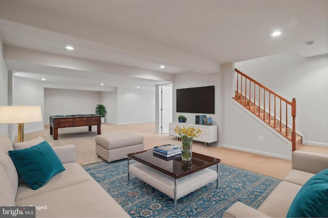 carpeted living area featuring recessed lighting, stairs, billiards table, and baseboards