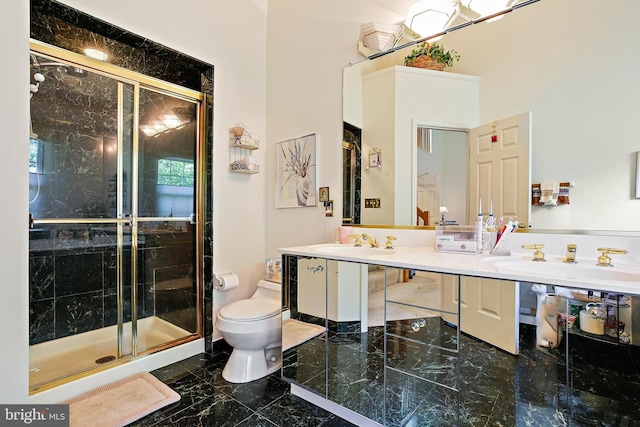 106 River Oaks, Baltimore, MD 21208 - bathroom featuring marble tiled flooring, a stall shower, toilet, and double vanity