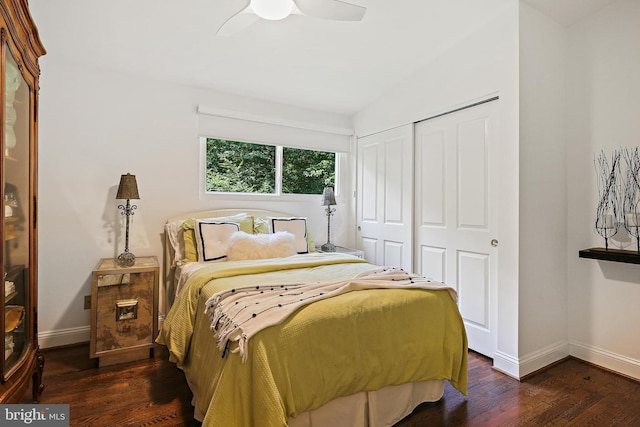 3503 Arborwood Ct, Baltimore, MD 21208 - bedroom featuring a closet, dark wood-style flooring, baseboards, and ceiling fan
