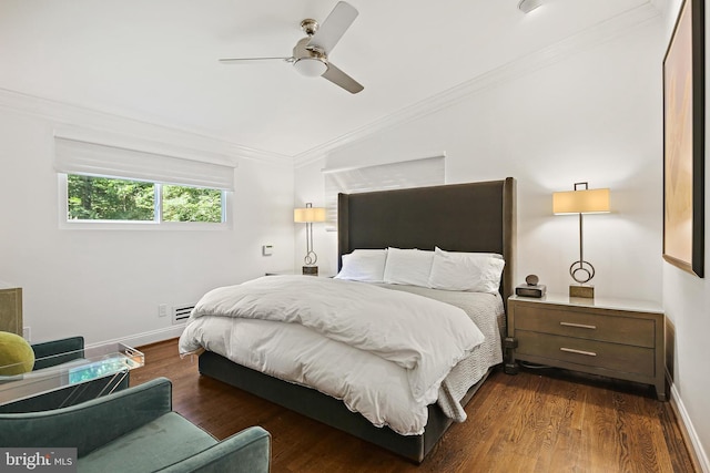 3503 Arborwood Ct, Baltimore, MD 21208 - bedroom with lofted ceiling, ornamental molding, dark wood-type flooring, a ceiling fan, and baseboards