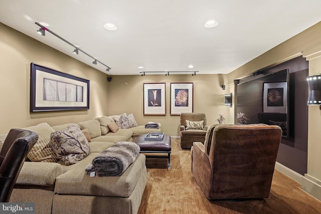 3503 Arborwood Ct, Baltimore, MD 21208 - living area featuring rail lighting, baseboards, light carpet, and recessed lighting