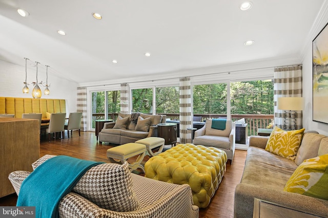 3503 Arborwood Ct, Baltimore, MD 21208 - living area featuring wood finished floors, crown molding, recessed lighting, and lofted ceiling