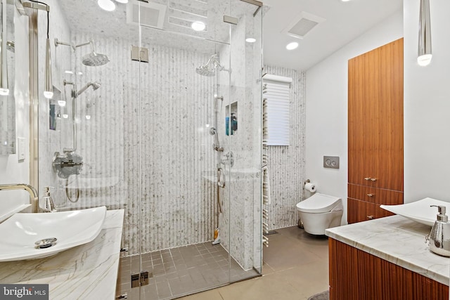 3503 Arborwood Ct, Baltimore, MD 21208 - bathroom featuring vanity, toilet, a stall shower, and tile patterned floors