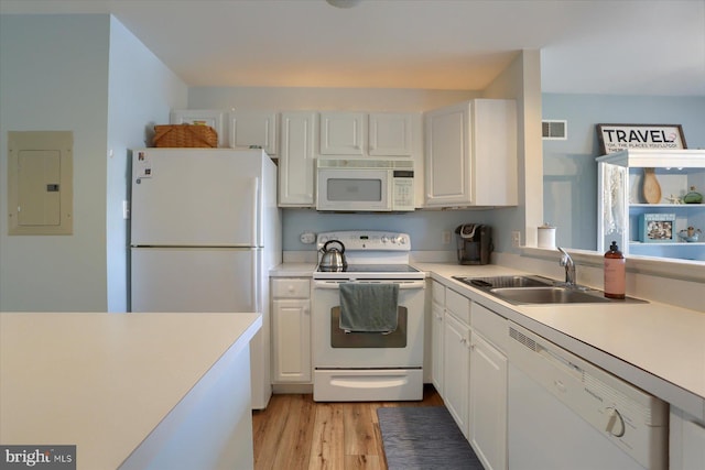 1328 N W St, Carlisle, PA 17013 - kitchen featuring white appliances, electric panel, a sink, light countertops, and white cabinets