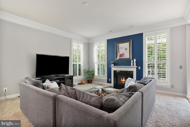 42743 Macauley Pl, Ashburn, VA 20148 - carpeted living room with ornamental molding, baseboards, plenty of natural light, and a glass covered fireplace