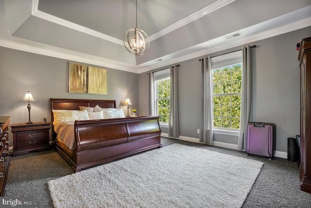 42743 Macauley Pl, Ashburn, VA 20148 - carpeted bedroom featuring ornamental molding, a chandelier, a raised ceiling, and baseboards