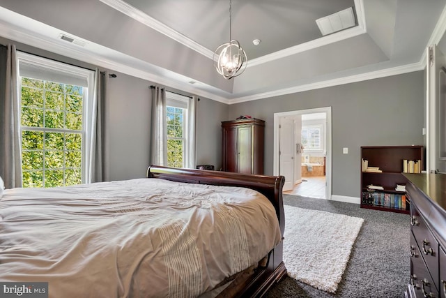 42743 Macauley Pl, Ashburn, VA 20148 - bedroom featuring a chandelier, baseboards, a raised ceiling, connected bathroom, and ornamental molding