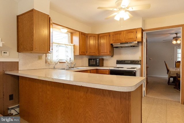 102 S Poplar Ave, Maple Shade, NJ 08052 - kitchen featuring electric range, ceiling fan, under cabinet range hood, a peninsula, and a sink