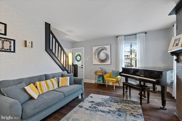 272 Main St, Hamilton, NJ 08620 - living area featuring stairs, dark wood-style flooring, and baseboards