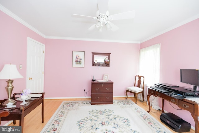 4308 Joshua Court, St, MD 21154 - office area featuring light wood-type flooring, crown molding, ceiling fan, and baseboards
