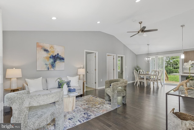 402 Bay View Dr, Edgewater, MD 21037 - living room with lofted ceiling, ceiling fan, baseboards, dark wood-type flooring, and recessed lighting